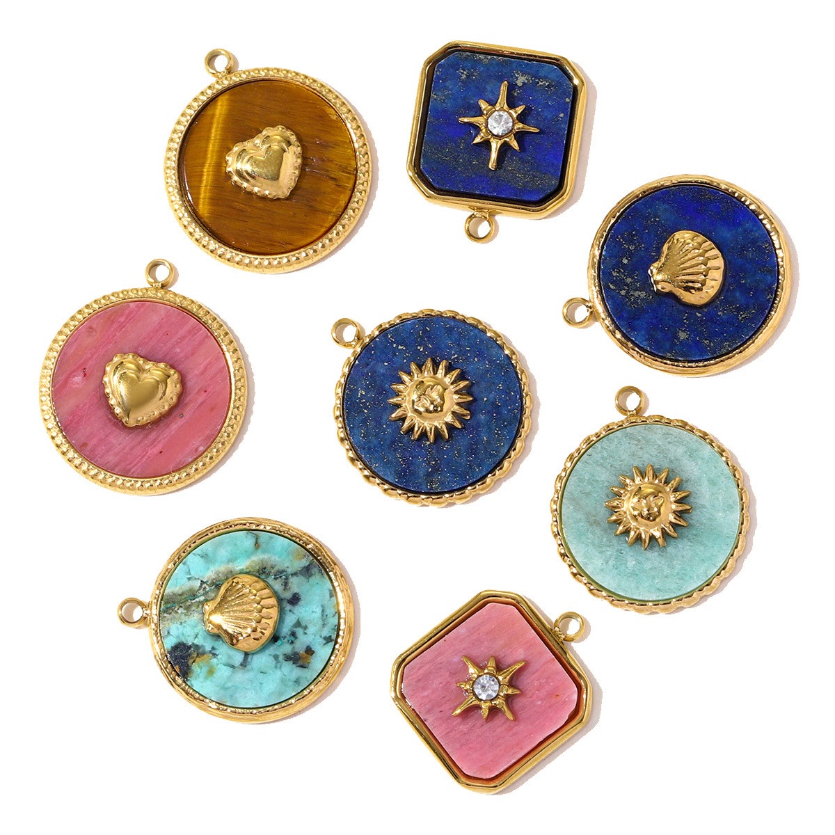 6pcs/pack Stainless Steel French Retro Love Heart Necklace Pendant Sun Shell DIY Charm Women Natural Stone Jewelry Wholesale