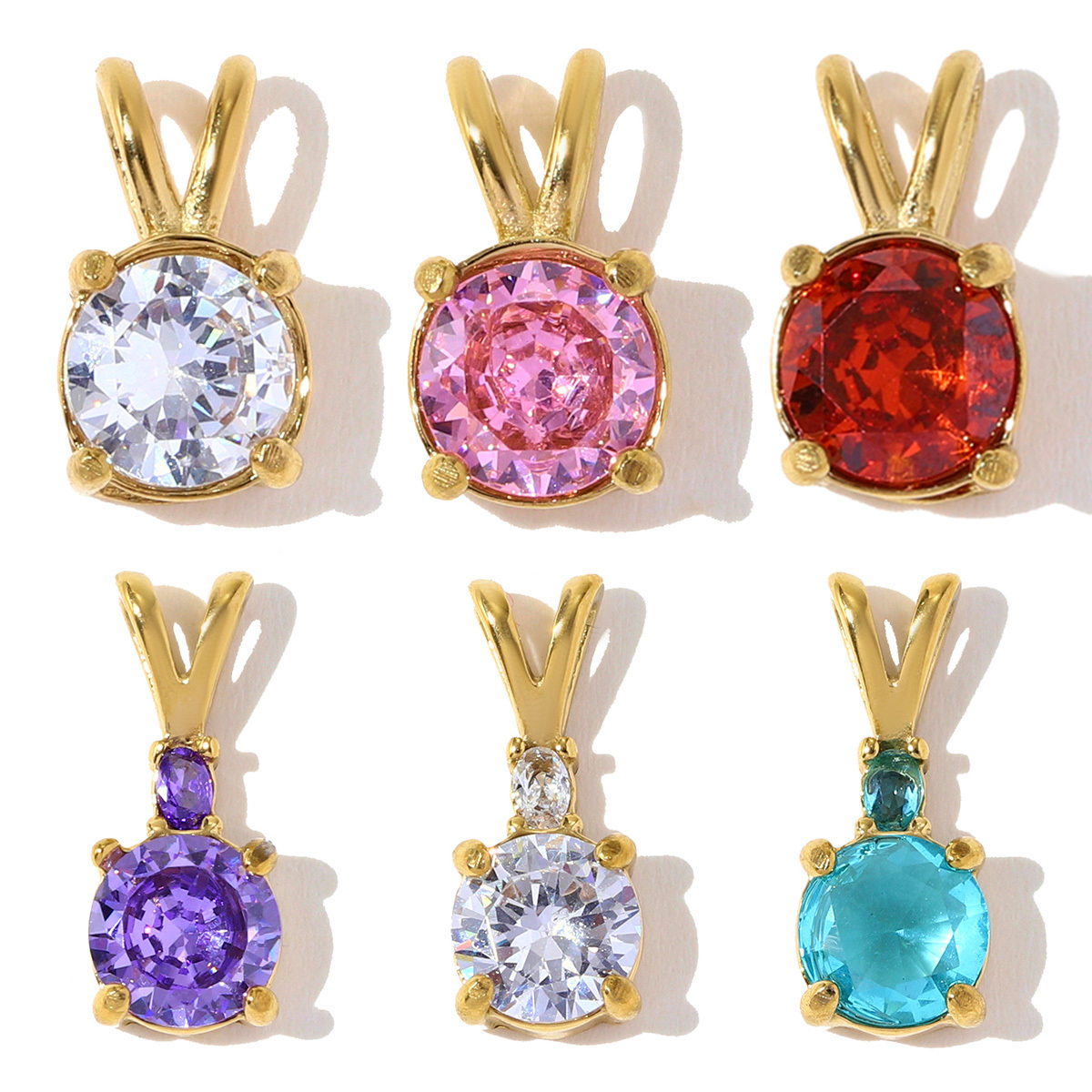 6pcs/pack Stylish Stainless Steel Colorful Zricon Stone Necklace Pendant Cute Round DIY Charm Women Never Fade Jewelry Wholesale