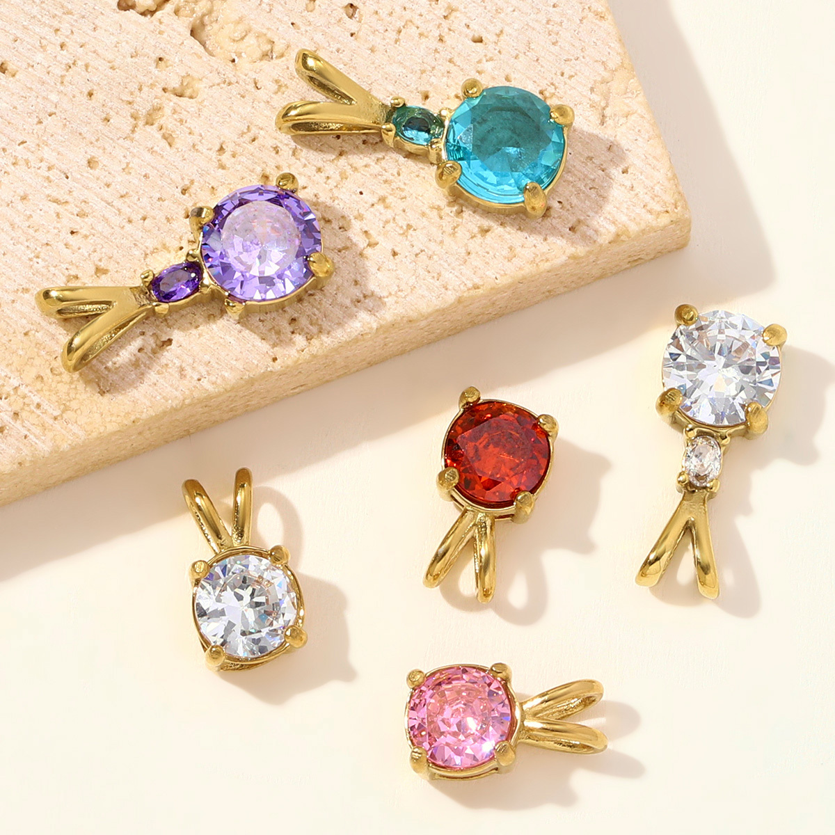 6pcs/pack Stylish Stainless Steel Colorful Zricon Stone Necklace Pendant Cute Round DIY Charm Women Never Fade Jewelry Wholesale