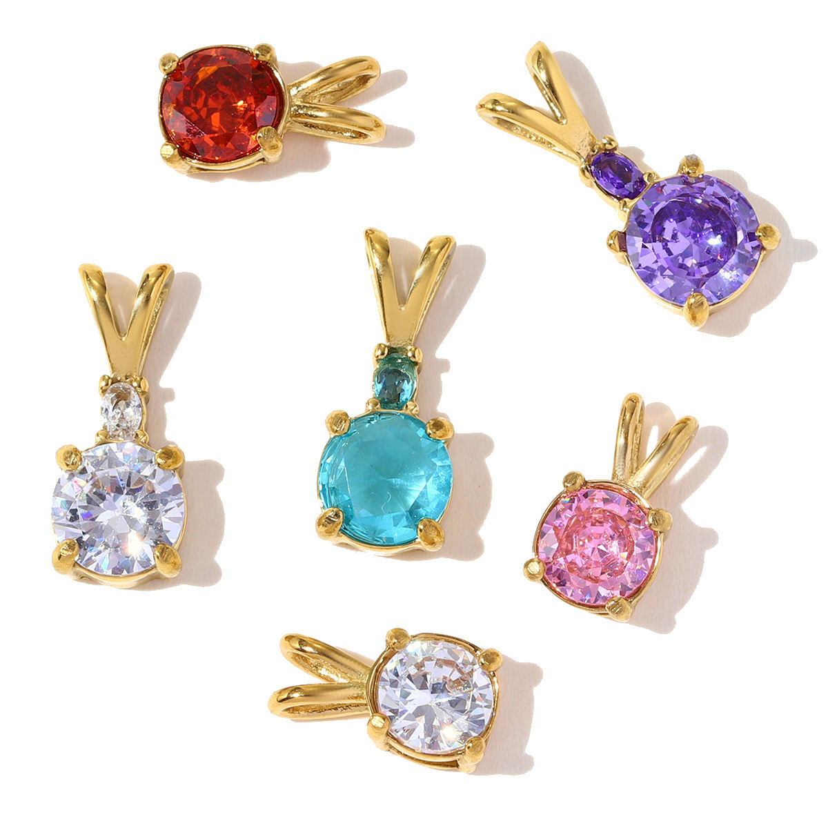 6pcs/pack Stylish Stainless Steel Colorful Zricon Stone Necklace Pendant Cute Round DIY Charm Women Never Fade Jewelry Wholesale