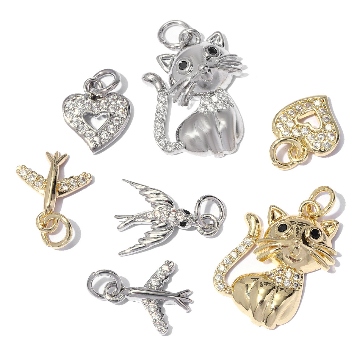 6pcs/pack Copper Zircon Airplane DIY Bracelet Charms Women Hollow Heart Sitting Cat Swallow Star Pendants Necklace Making Jewelry
