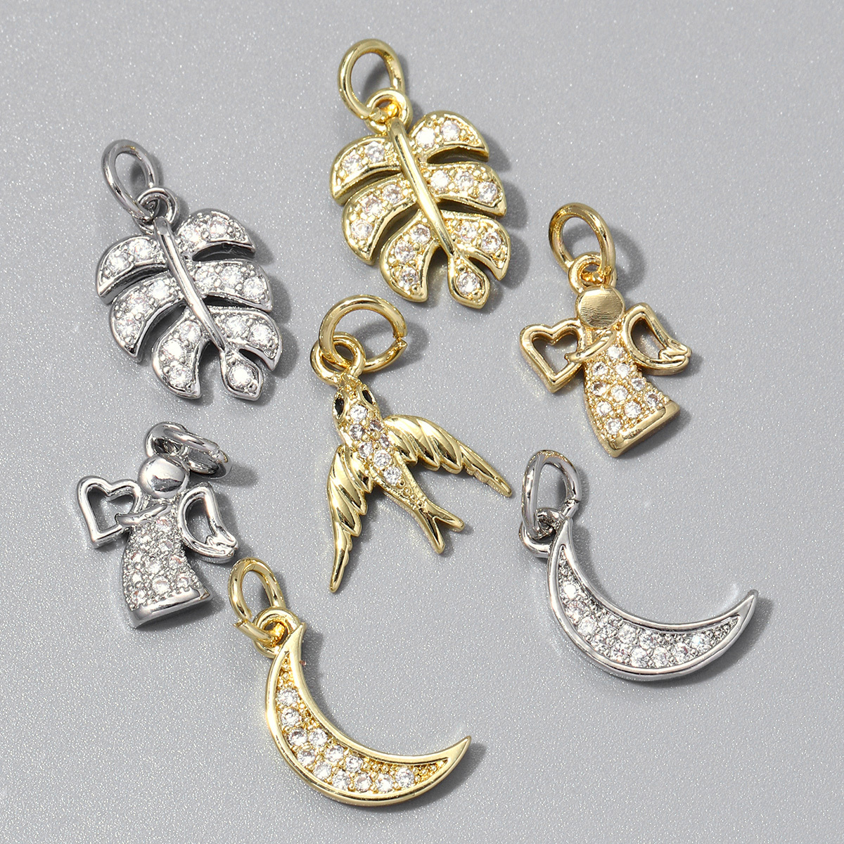 6pcs/pack Copper Zircon Cute Heart Angel DIY Charms Women Star Crescent Plam Monstera Leaf Necklace Pendants Jewelry Wholesale