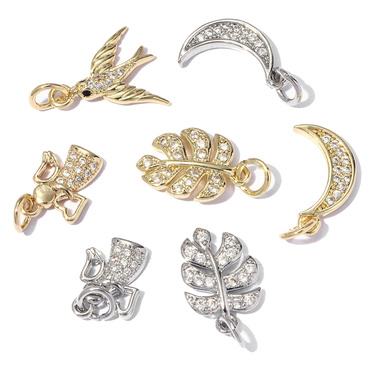 6pcs/pack Copper Zircon Airplane DIY Bracelet Charms Women Hollow Heart Sitting Cat Swallow Star Pendants Necklace Making Jewelry