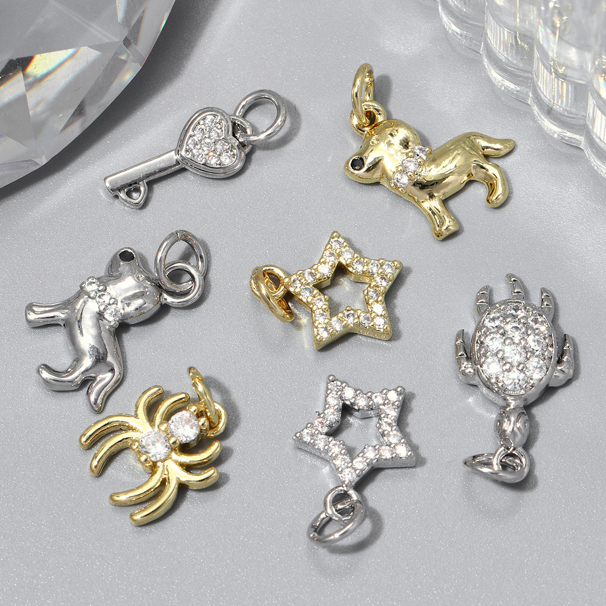 6pcs/pack Copper Zircon Turtle Spider Cat DIY Bracelet Charms Women Angel Star Moon Necklace Pendants Dog Leaf Jewelry Wholesale