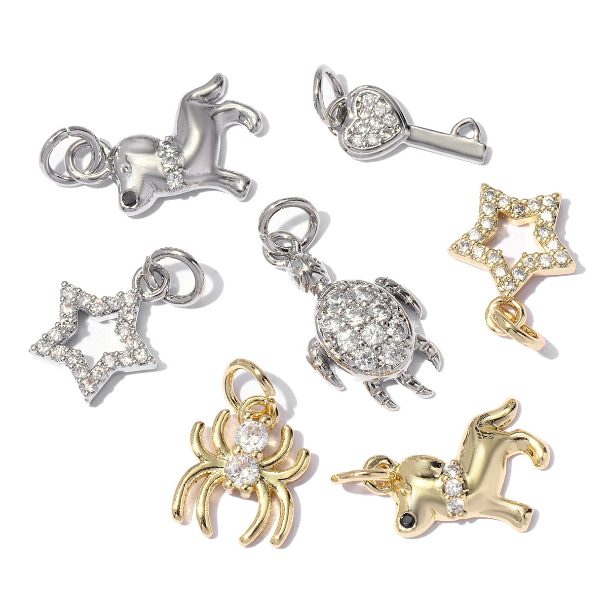 6pcs/pack Copper Zircon Airplane DIY Bracelet Charms Women Hollow Heart Sitting Cat Swallow Star Pendants Necklace Making Jewelry