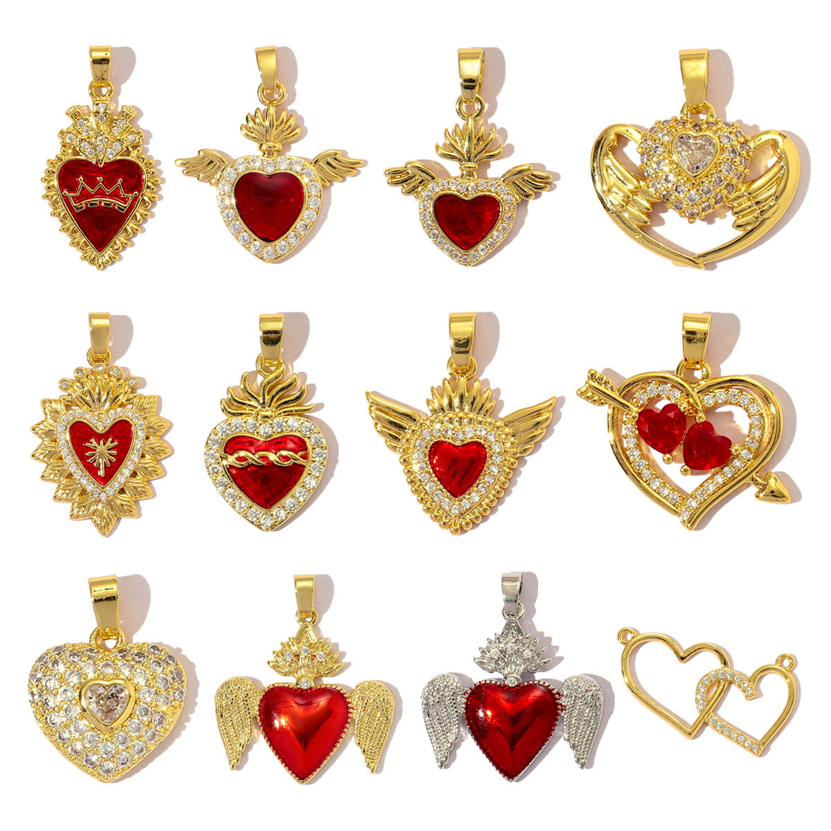6pcs/pack Luxury 18k Real Gold Cubic Zircon Angel Wing Heart Charms Copper CZ Love Pendants For DIY Jewelry Necklace Making