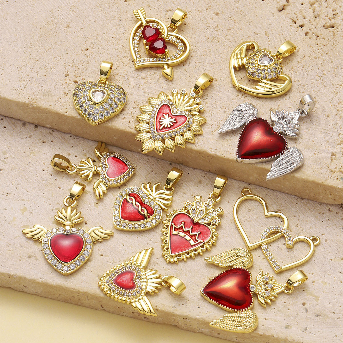 6pcs/pack Luxury 18k Real Gold Cubic Zircon Angel Wing Heart Charms Copper CZ Love Pendants For DIY Jewelry Necklace Making