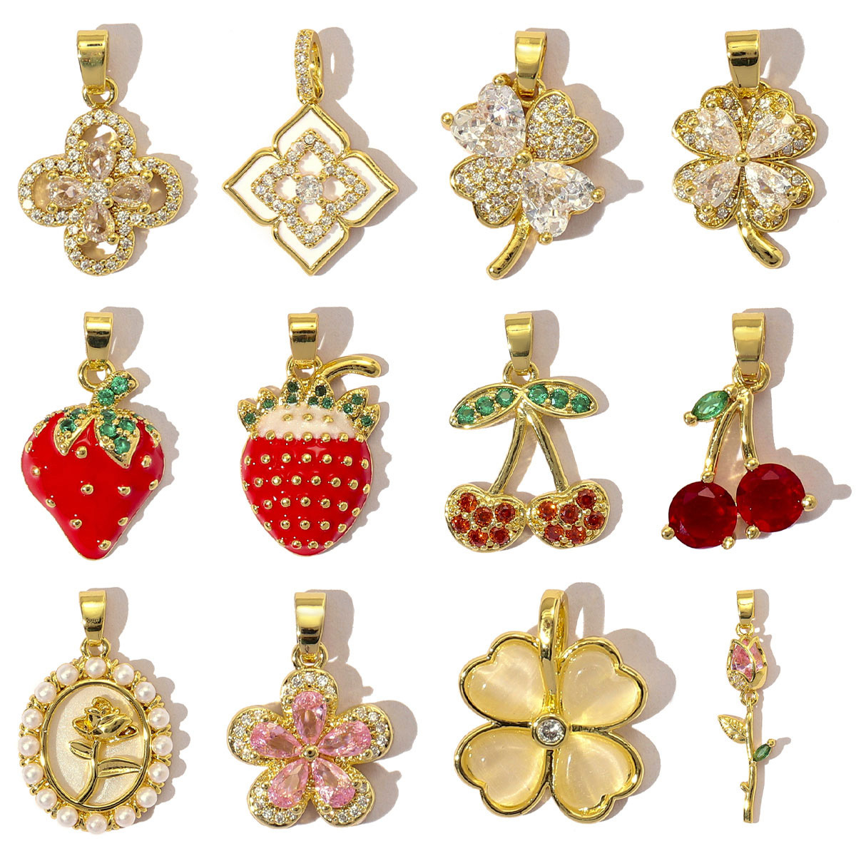 6pcs/pack Luxury Strawberry Cherry Cubic Zircon Angel Wing Charms Clover Rose Flower Copper CZ Necklace Pendants DIY Jewelry