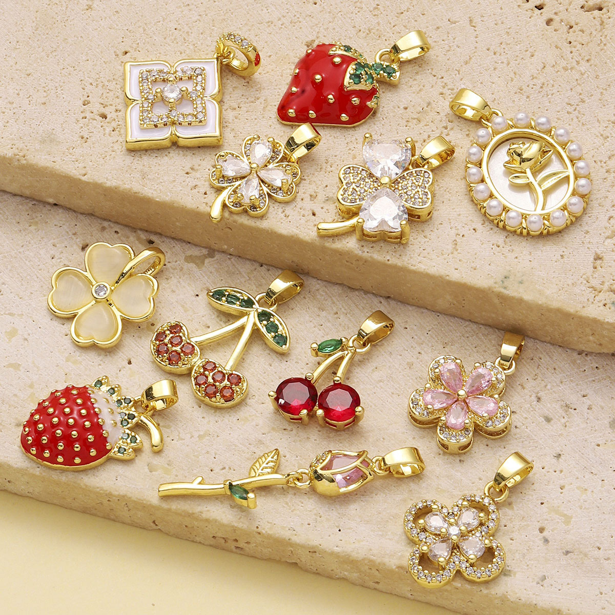 6pcs/pack Luxury Strawberry Cherry Cubic Zircon Angel Wing Charms Clover Rose Flower Copper CZ Necklace Pendants DIY Jewelry