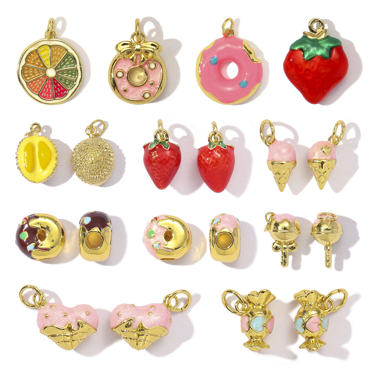 3pcs/Lot Cute Enamel Doughnut Strawberry DIY Charms Women Copper Ice Cream Durian Necklace Pendants Lemon Fruit Jewelry