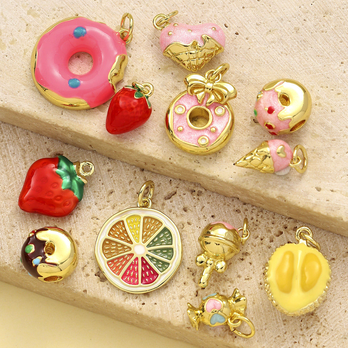 3pcs/Lot Cute Enamel Doughnut Strawberry DIY Charms Women Copper Ice Cream Durian Necklace Pendants Lemon Fruit Jewelry