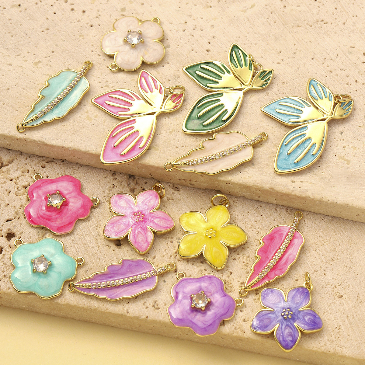 6pcs/Lot French Colorful Enamel Cherry Blossom DIY Necklace Pendants Women Copper CZ Sakura Maple Leaf Charms Flower Jewelry