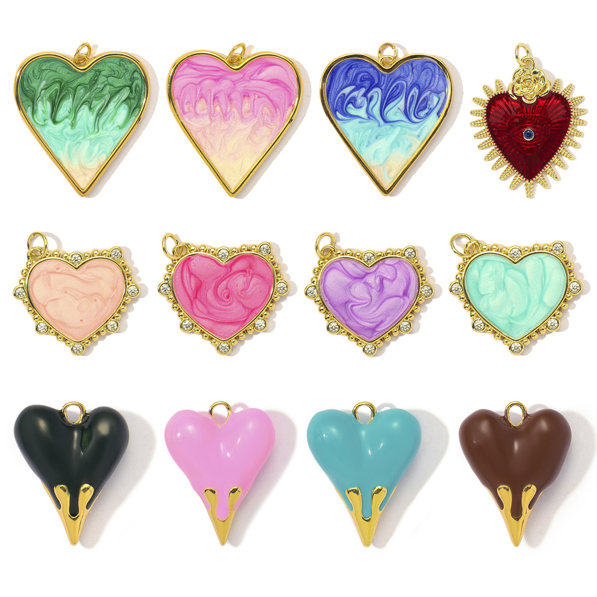 3pcs/Lot Fashion Painted Enamel Love Heart DIY Necklace Pendants Women Copper CZ Gradient Color Charms Jewelry Wholesale