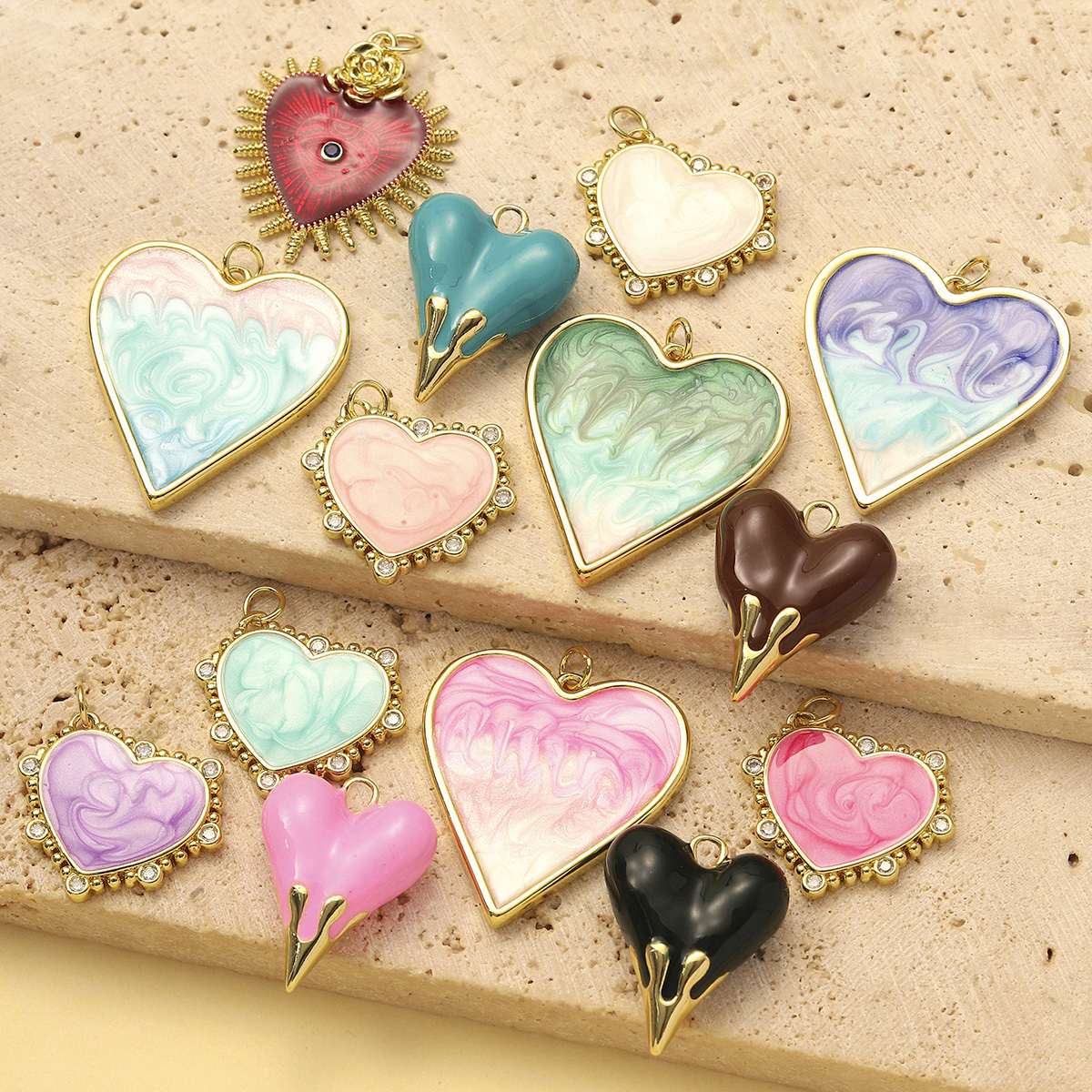 3pcs/Lot Fashion Painted Enamel Love Heart DIY Necklace Pendants Women Copper CZ Gradient Color Charms Jewelry Wholesale