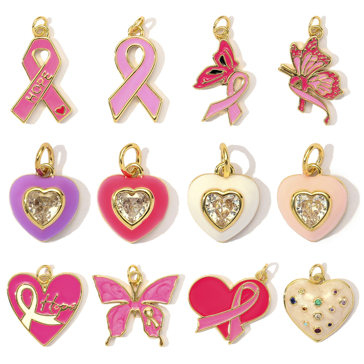 3pcs/Lot Fashion Pink Painted Hope Ribbon DIY Necklace Pendants Women Enamel Heart Butterfly Charms Love Jewelry Wholesale