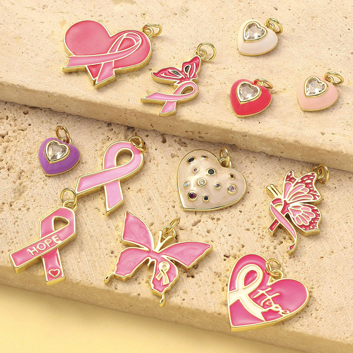 3pcs/Lot Fashion Pink Painted Hope Ribbon DIY Necklace Pendants Women Enamel Heart Butterfly Charms Love Jewelry Wholesale