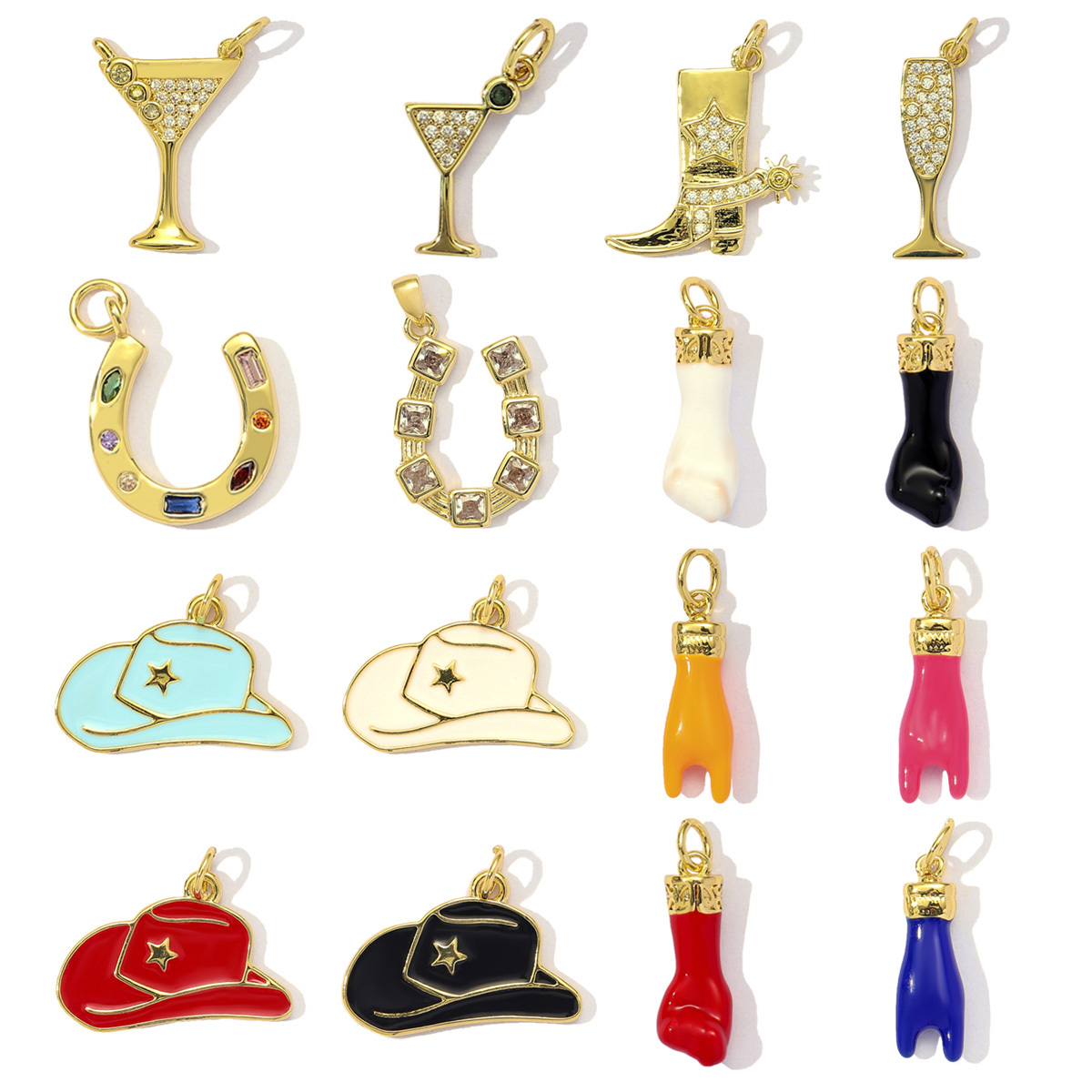 3pcs/Lot Fashion Copper Cubic Zircon Wine Glasses High Boots Horseshoe DIY Charms Women Enamel Hat Fist Pendants Lucky Jewelry