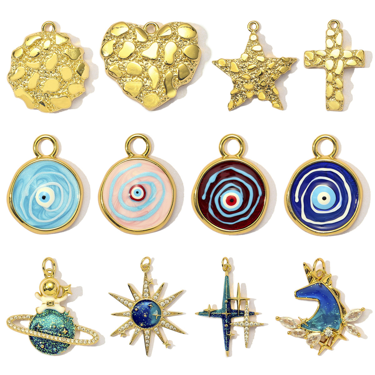 6pcs/Lot Fashion Copper Cubic Zircon Planet Sun Star DIY Charms Women Enamel Evil Eye Unicorn Pendants Cross Heart Jewelry