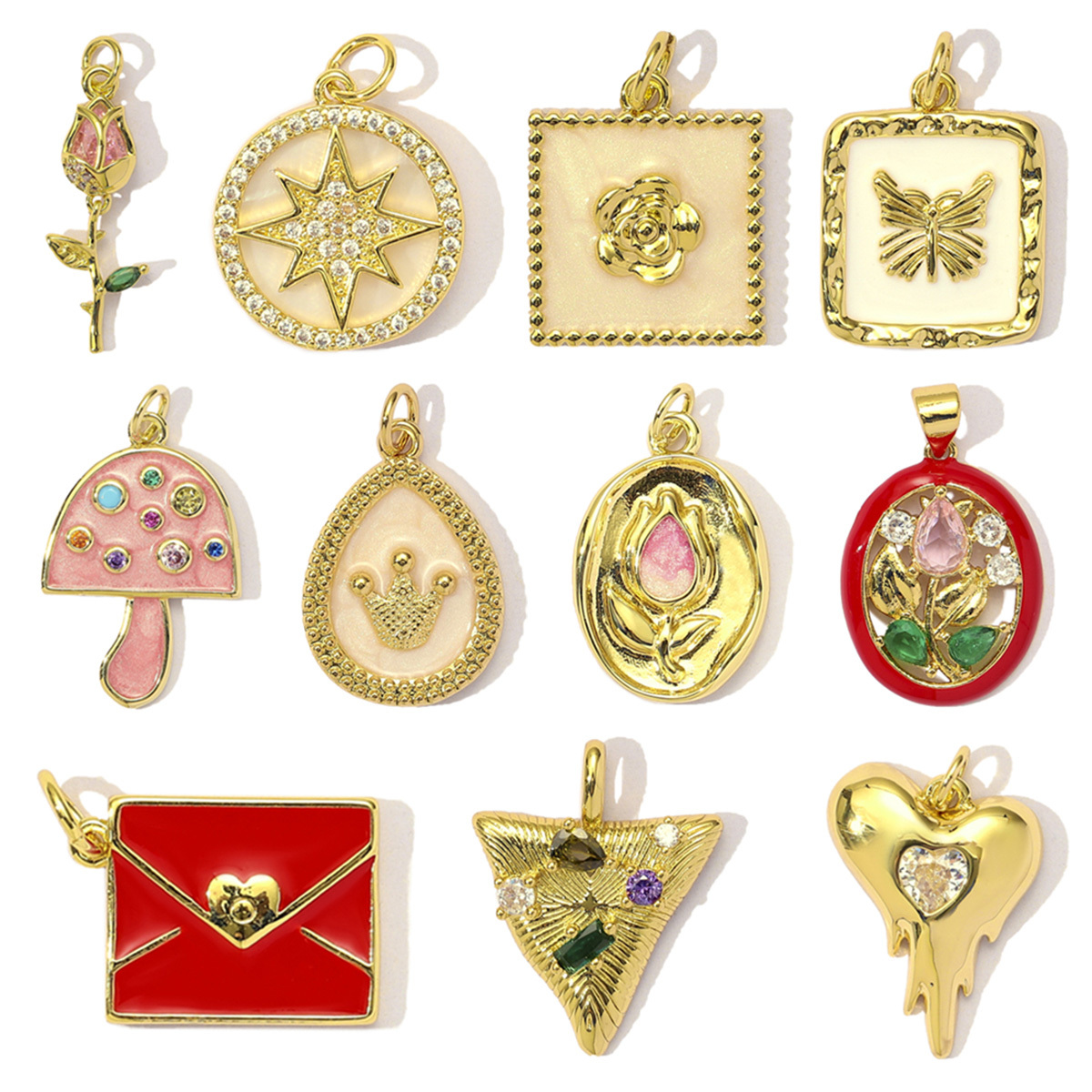 6pcs/Lot Copper Cubic Zircon Love Heart Flower Crown DIY Charms Women Enamel Envelope Mushroom Pendants Butterfly Jewelry