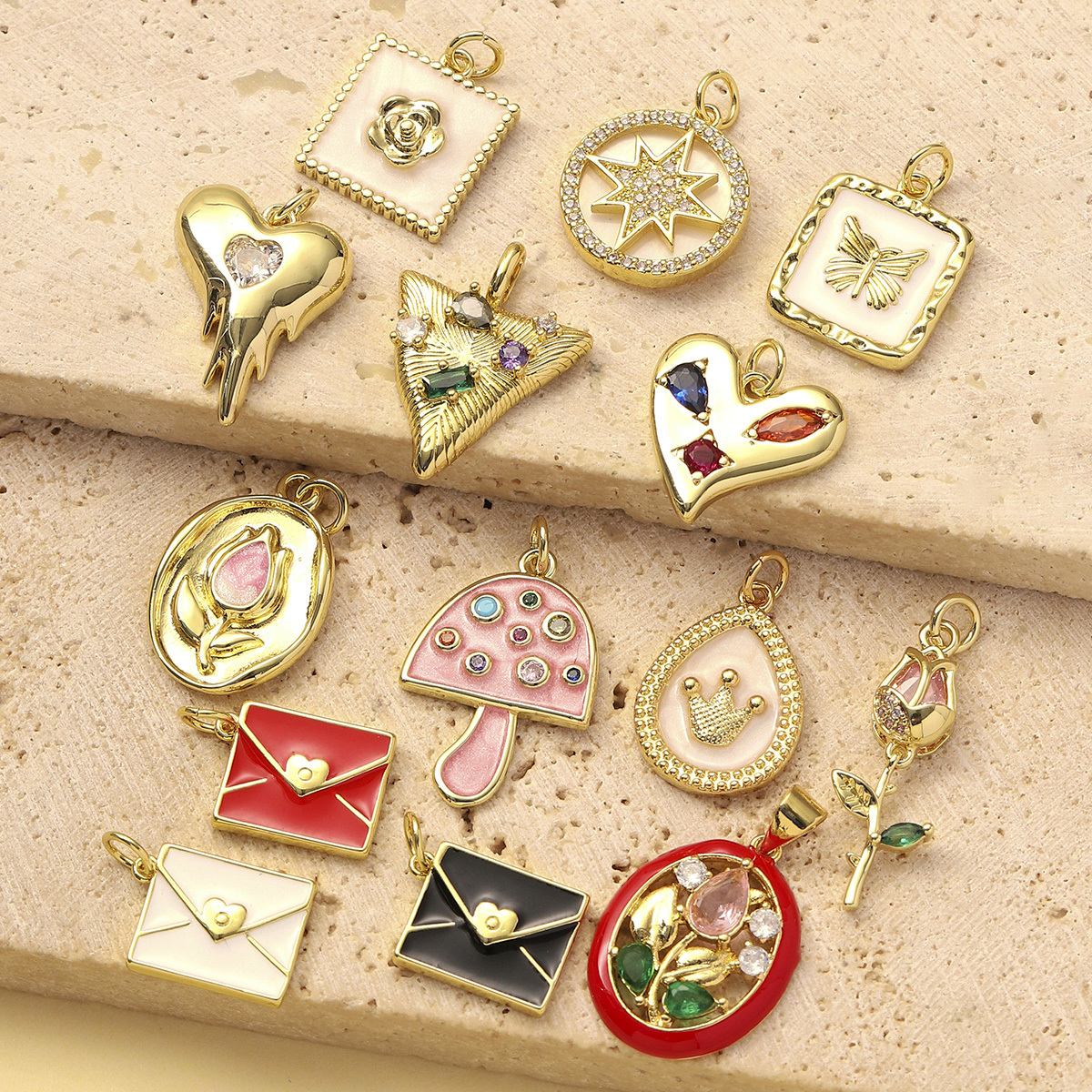6pcs/Lot Copper Cubic Zircon Love Heart Flower Crown DIY Charms Women Enamel Envelope Mushroom Pendants Butterfly Jewelry