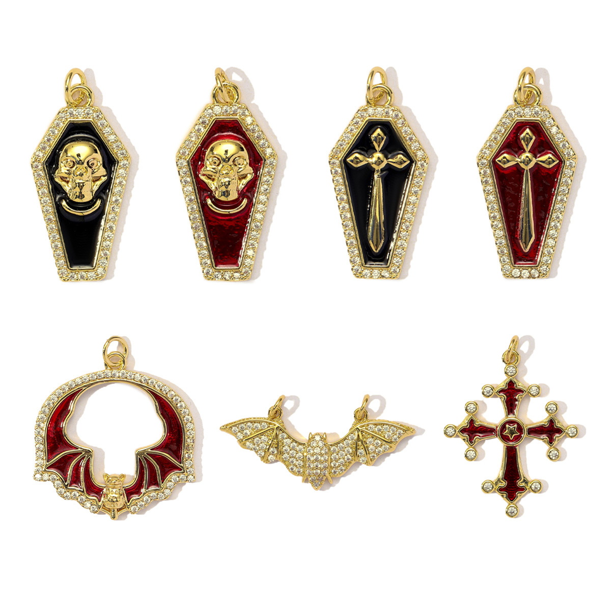 6pcs/Lot Copper Cubic Zircon Gothic Style Cross Skull DIY Charms Women Enamel Bat Necklace Pendants Jewelry Wholesale