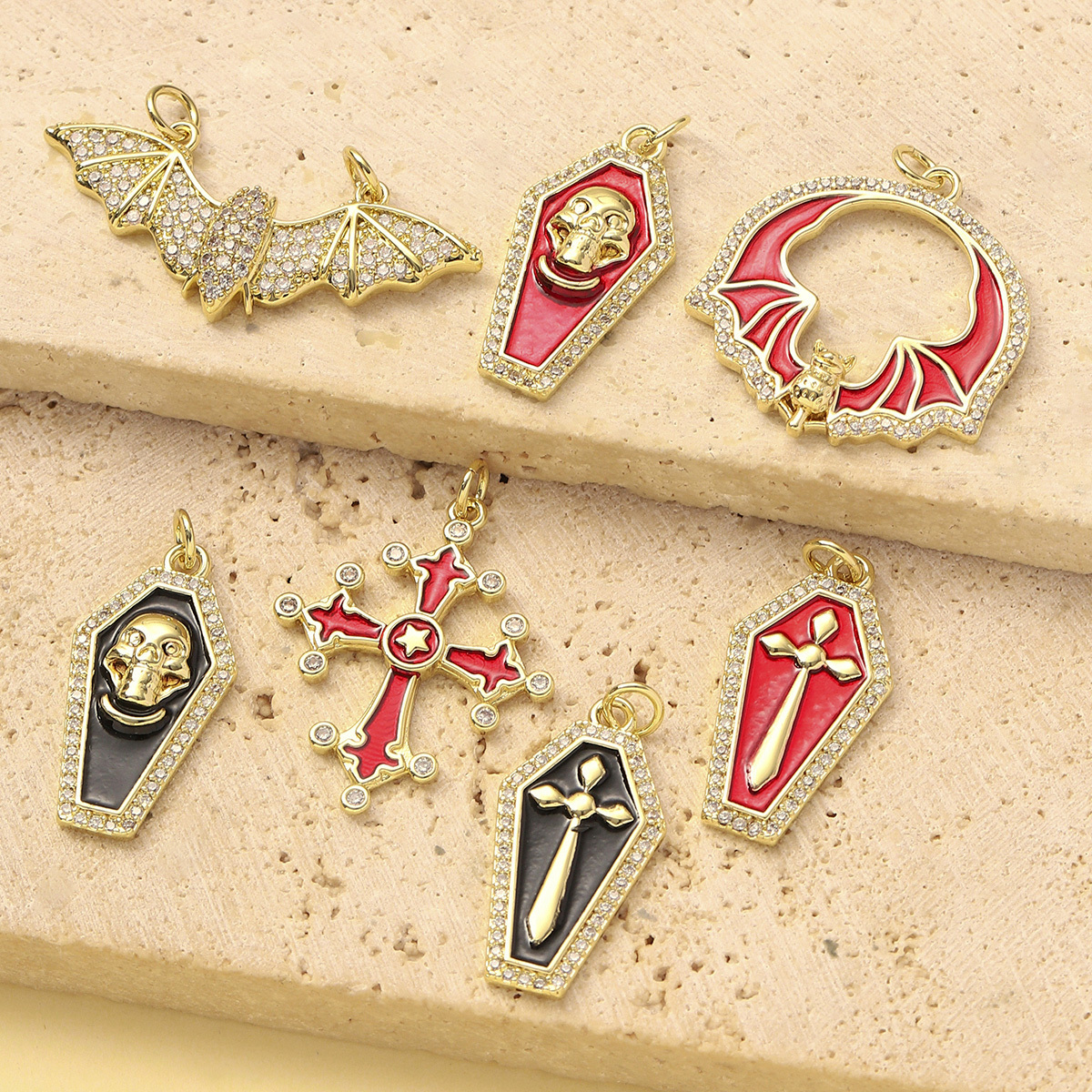6pcs/Lot Copper Cubic Zircon Gothic Style Cross Skull DIY Charms Women Enamel Bat Necklace Pendants Jewelry Wholesale