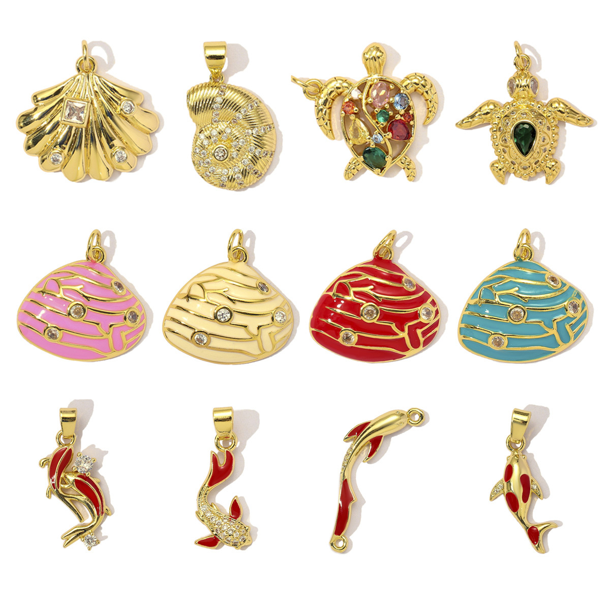 6pcs/Lot Cubic Zircon Lucky Carp Sea Turtle DIY Bracelet Charms Women Copper Enamel Shell Conch Fish Necklace Pendants Jewelry