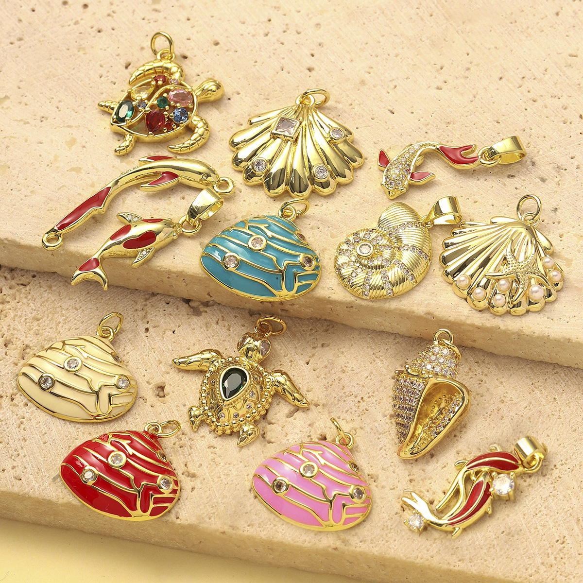 6pcs/Lot Cubic Zircon Lucky Carp Sea Turtle DIY Bracelet Charms Women Copper Enamel Shell Conch Fish Necklace Pendants Jewelry
