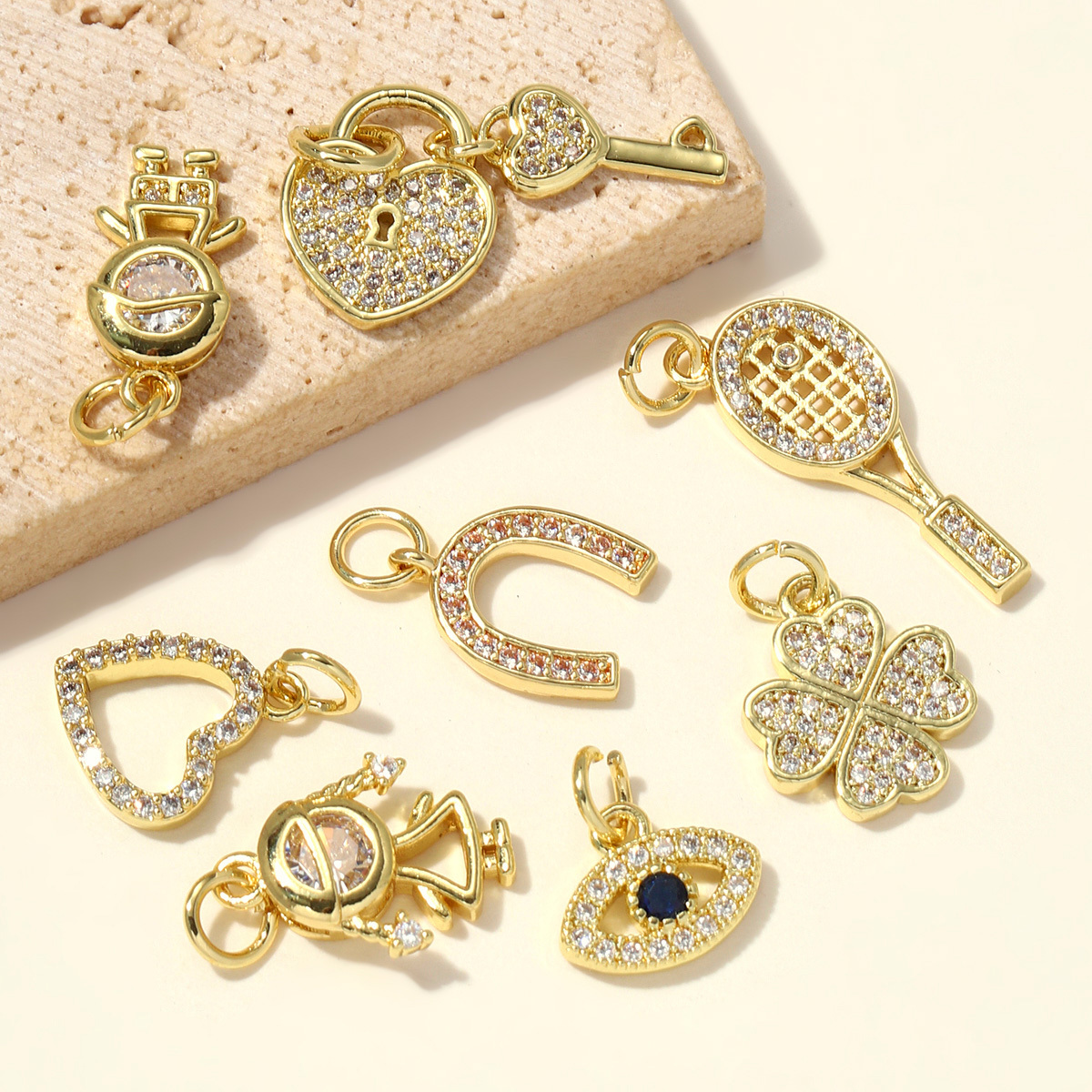 6pcs/pack 18K Gold Plated Girl Boy Cross Copper CZ DIY Charm Women Zircon Heart Key Evil Eye Racket Necklace Pendant Jewelry
