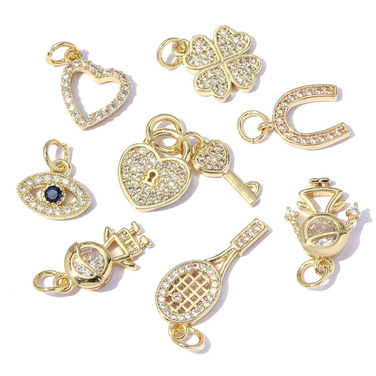 6pcs/pack 18K Gold Plated Girl Boy Cross Copper CZ DIY Charm Women Zircon Heart Key Evil Eye Racket Necklace Pendant Jewelry