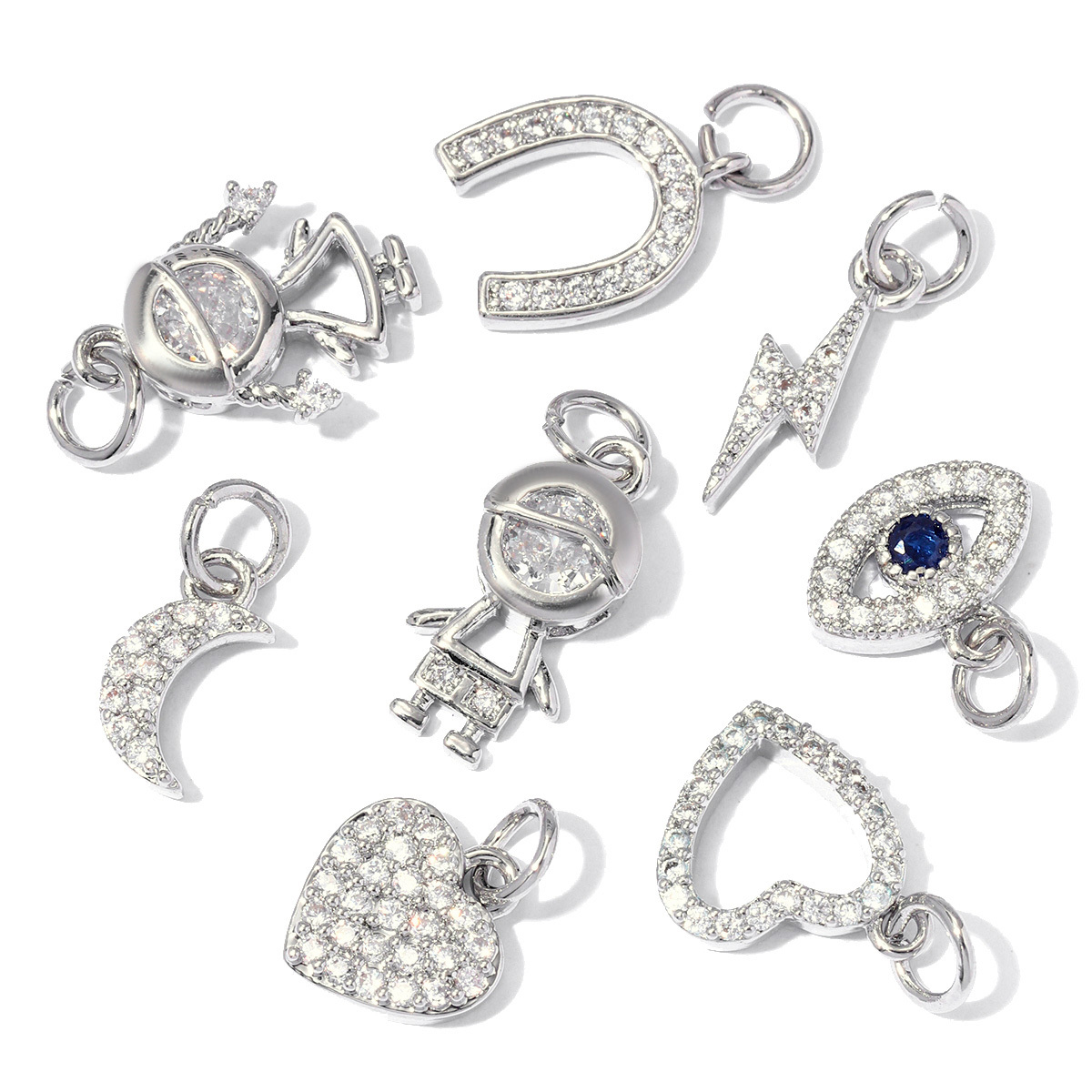 6pcs/pack 18K Gold Plated Girl Boy Cross Copper CZ DIY Charm Women Zircon Heart Key Evil Eye Racket Necklace Pendant Jewelry