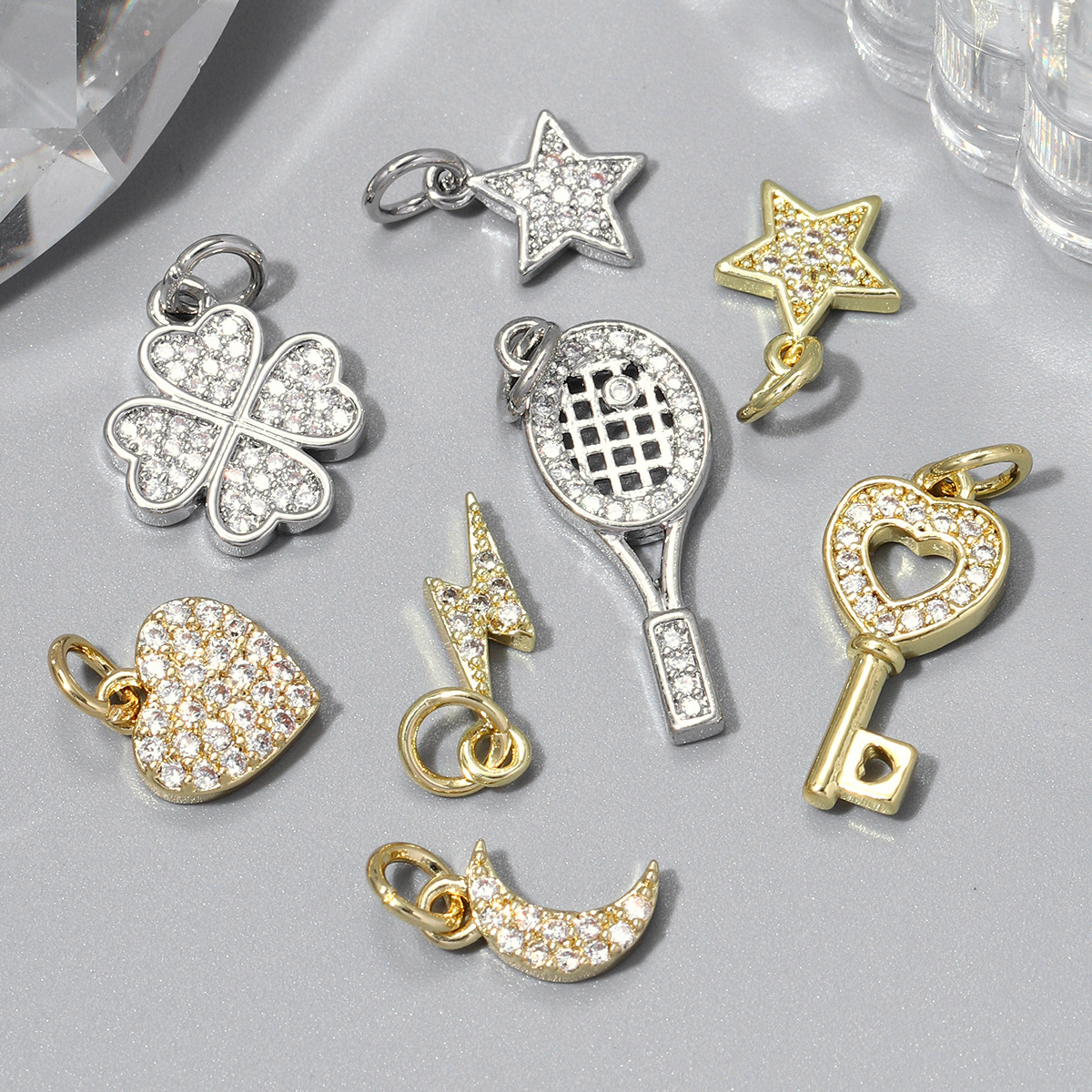 6pcs/pack Lightning Racket Crescent Copper Zircon DIY Bracelet Charms Women Heart Key Necklace Pendants Star Jewelry Wholesale
