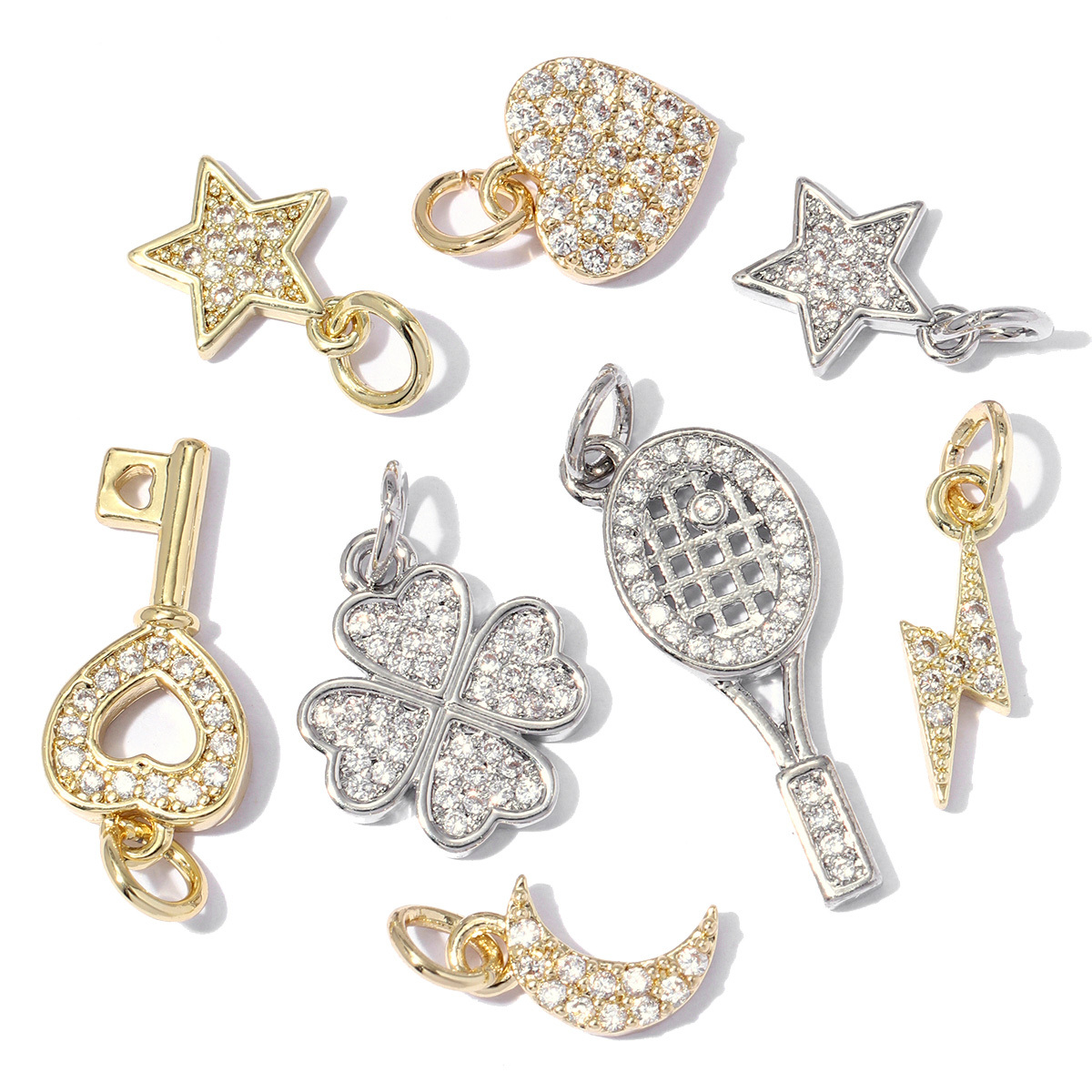 6pcs/pack 18K Gold Plated Girl Boy Cross Copper CZ DIY Charm Women Zircon Heart Key Evil Eye Racket Necklace Pendant Jewelry