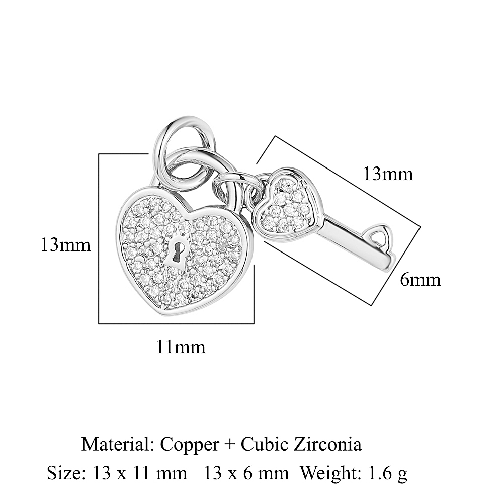 6pcs/pack 18K Gold Plated Girl Boy Cross Copper CZ DIY Charm Women Zircon Heart Key Evil Eye Racket Necklace Pendant Jewelry