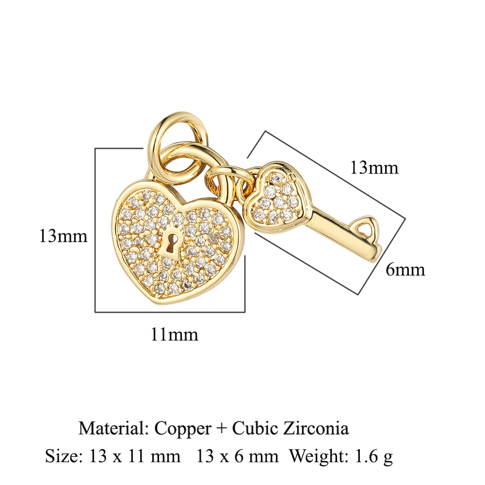 6pcs/pack 18K Gold Plated Girl Boy Cross Copper CZ DIY Charm Women Zircon Heart Key Evil Eye Racket Necklace Pendant Jewelry