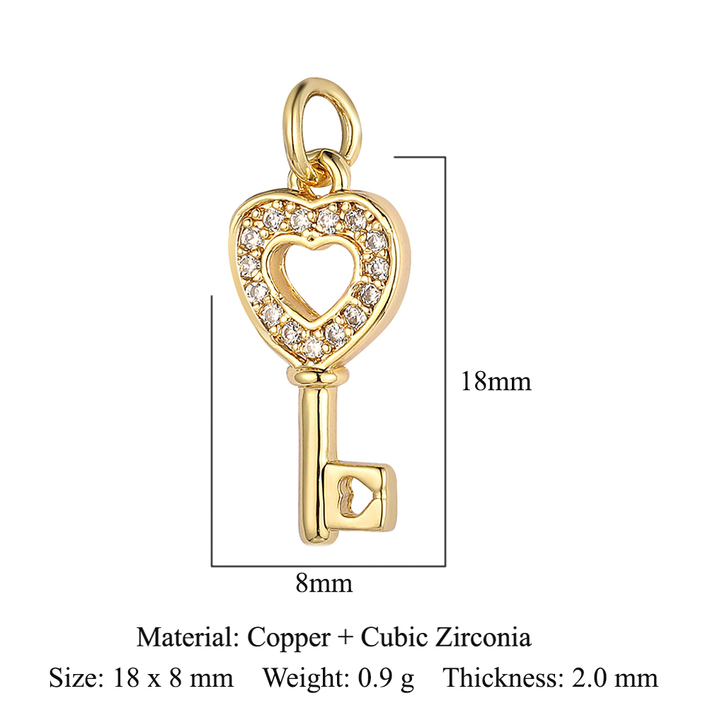 6pcs/pack 18K Gold Plated Girl Boy Cross Copper CZ DIY Charm Women Zircon Heart Key Evil Eye Racket Necklace Pendant Jewelry