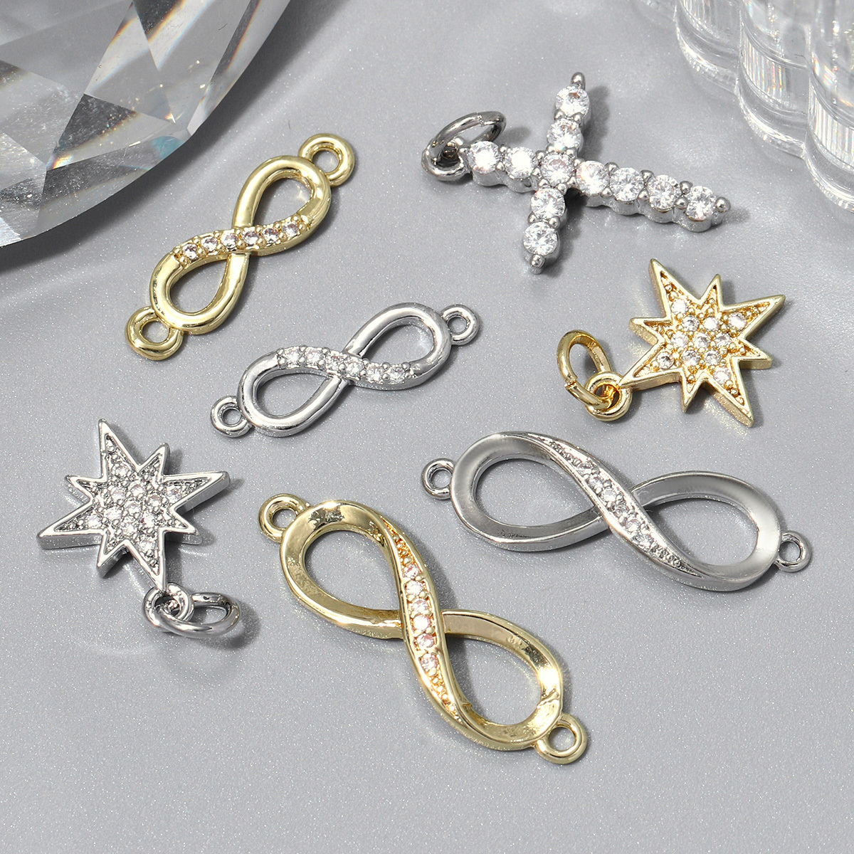 6pcs/pack Trendy Infinite Cross Copper Zircon DIY Connector Charm Women Hollow Heart Moon Polaris Pendant Necklace Making Jewelry