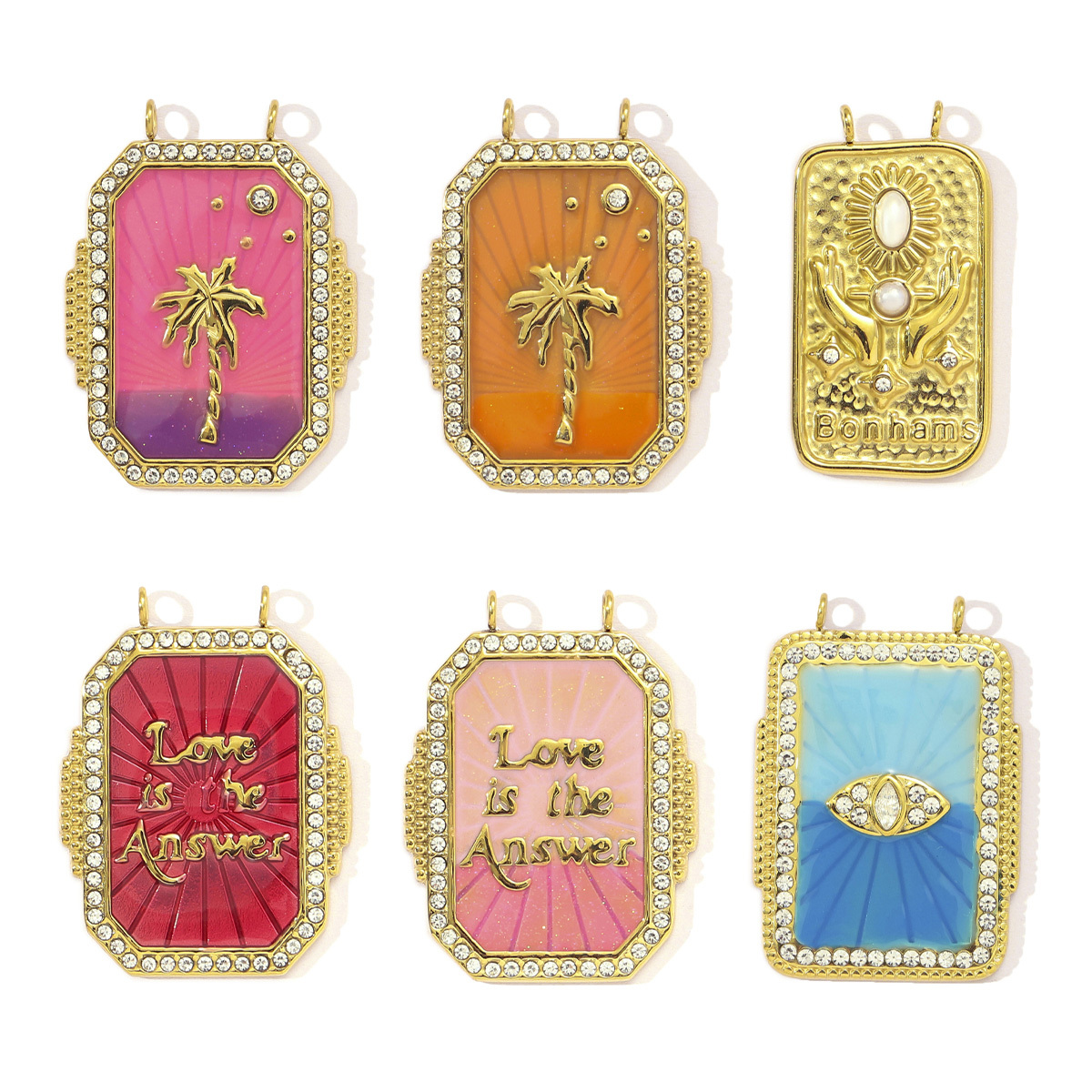 6pcs/pack French Mirror Polish Stainless Steel Tarot Card Diy Charms Women Enamel Evil Eye Palm Necklace Pendant Jewelry