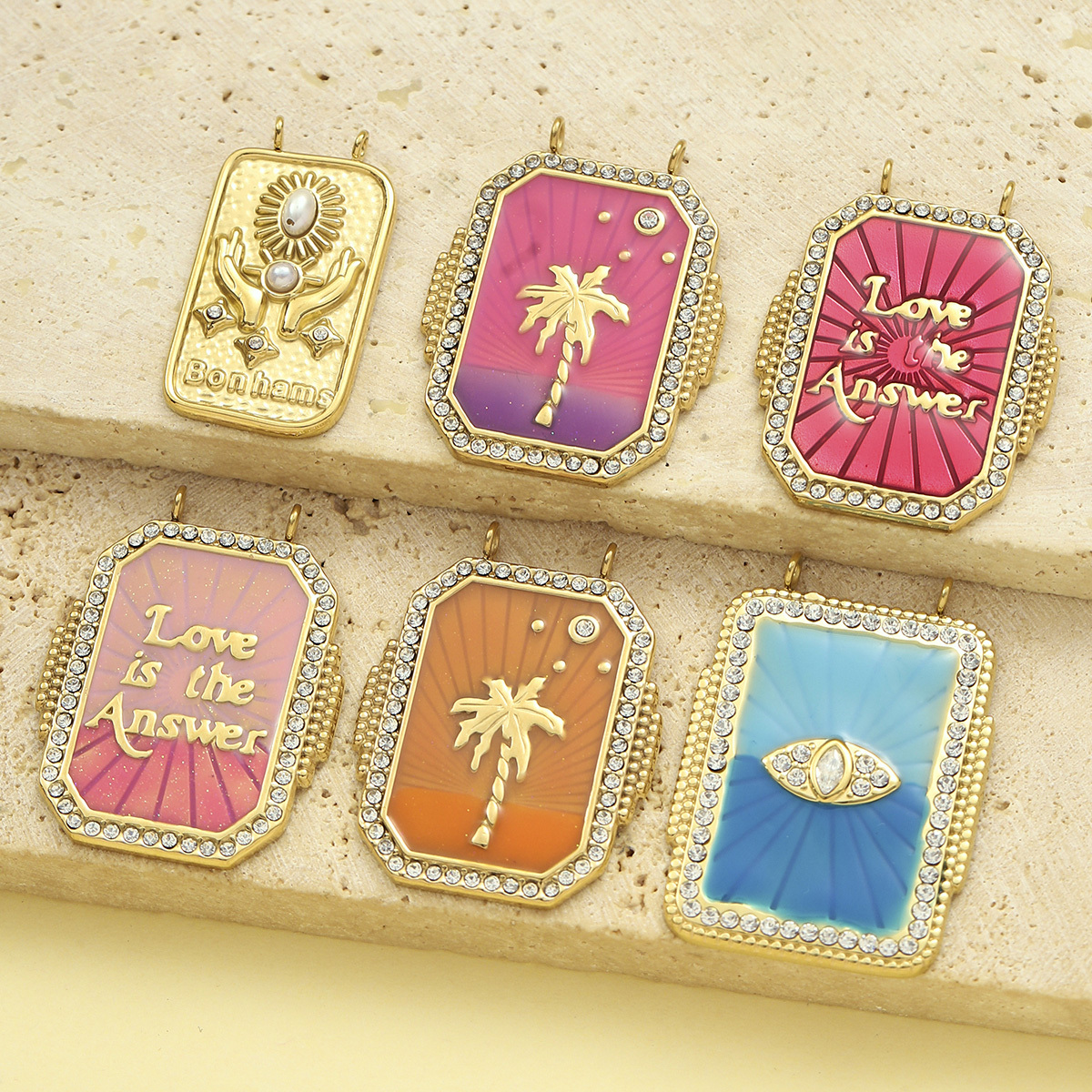 6pcs/pack French Mirror Polish Stainless Steel Tarot Card Diy Charms Women Enamel Evil Eye Palm Necklace Pendant Jewelry