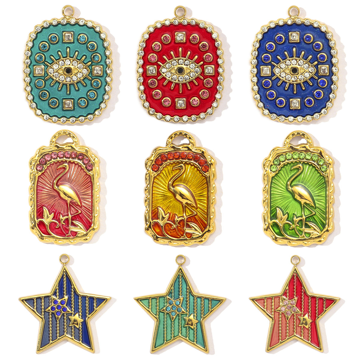 6pcs/pack French Mirror Polish Stainless Steel Tarot Card Diy Charms Women Enamel Evil Eye Palm Necklace Pendant Jewelry