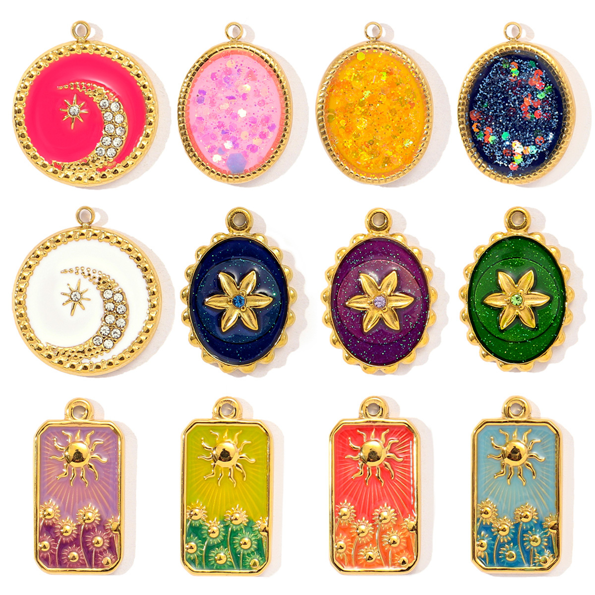 6pcs/pack Mirror Polish Stainless Steel Stone Sun Flower Necklace Pendant Women Enamel Tarot Card Diy Charm Crescent Star Jewelry