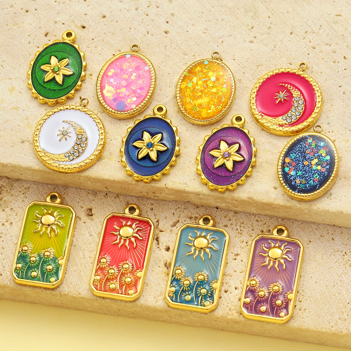 6pcs/pack Mirror Polish Stainless Steel Stone Sun Flower Necklace Pendant Women Enamel Tarot Card Diy Charm Crescent Star Jewelry