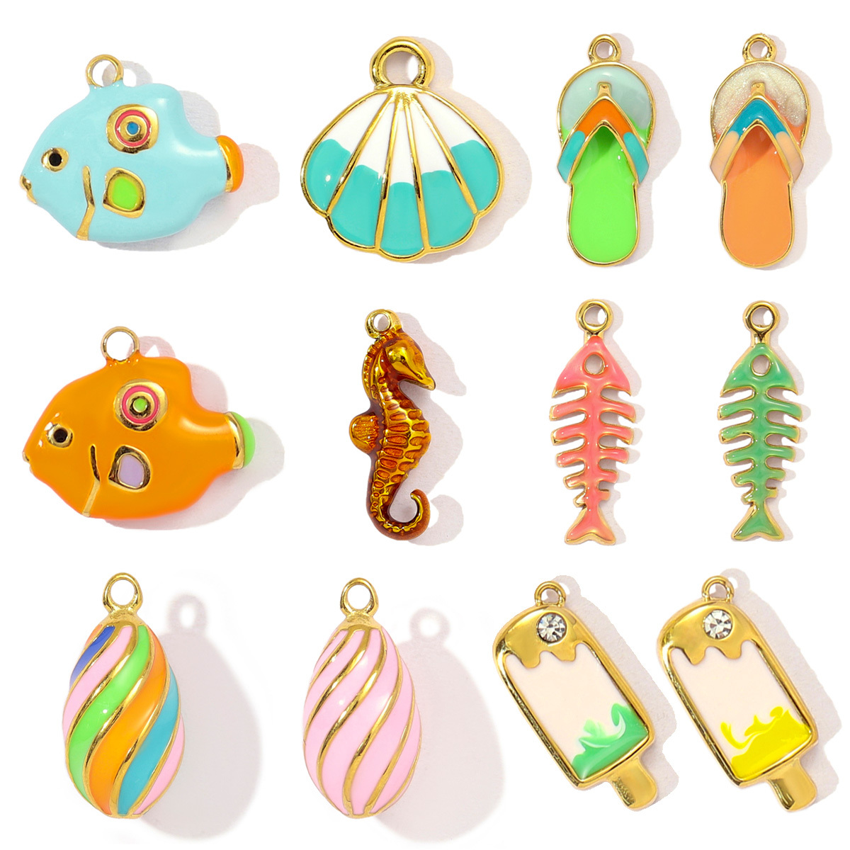 6pcs/pack Stainless Steel Seahorse Ice Cream Flip Flops Necklace Pendant Women Enamel Fish Bone Shell Diy Charm Holiday Jewelry