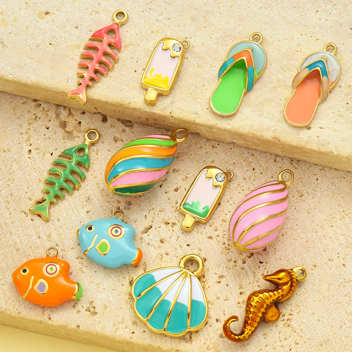 6pcs/pack Stainless Steel Seahorse Ice Cream Flip Flops Necklace Pendant Women Enamel Fish Bone Shell Diy Charm Holiday Jewelry
