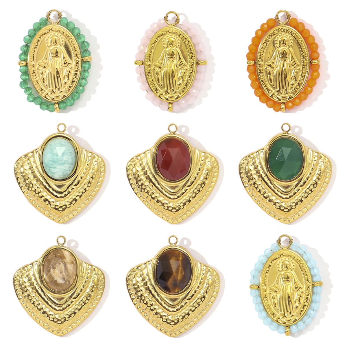 6pcs/pack French Red Agate Stainless Steel Fan-shaped Necklace Pendant Women Virgin Mary Diy Charm Feldspar Natural Stone Jewelry