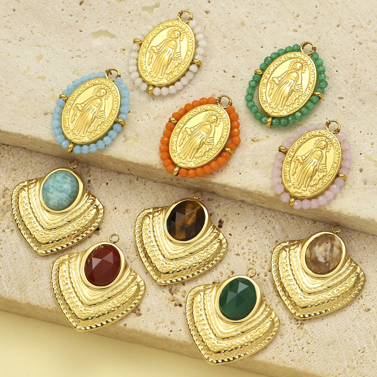 6pcs/pack French Red Agate Stainless Steel Fan-shaped Necklace Pendant Women Virgin Mary Diy Charm Feldspar Natural Stone Jewelry