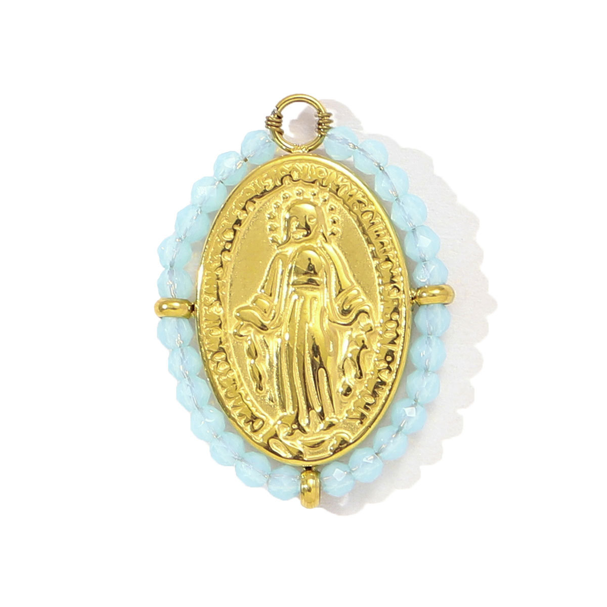 6pcs/pack French Red Agate Stainless Steel Fan-shaped Necklace Pendant Women Virgin Mary Diy Charm Feldspar Natural Stone Jewelry