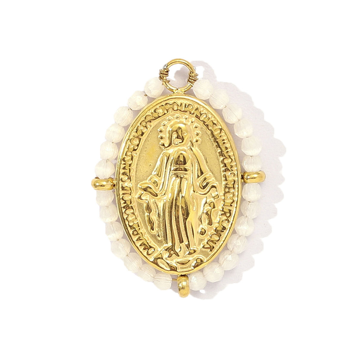 6pcs/pack French Red Agate Stainless Steel Fan-shaped Necklace Pendant Women Virgin Mary Diy Charm Feldspar Natural Stone Jewelry