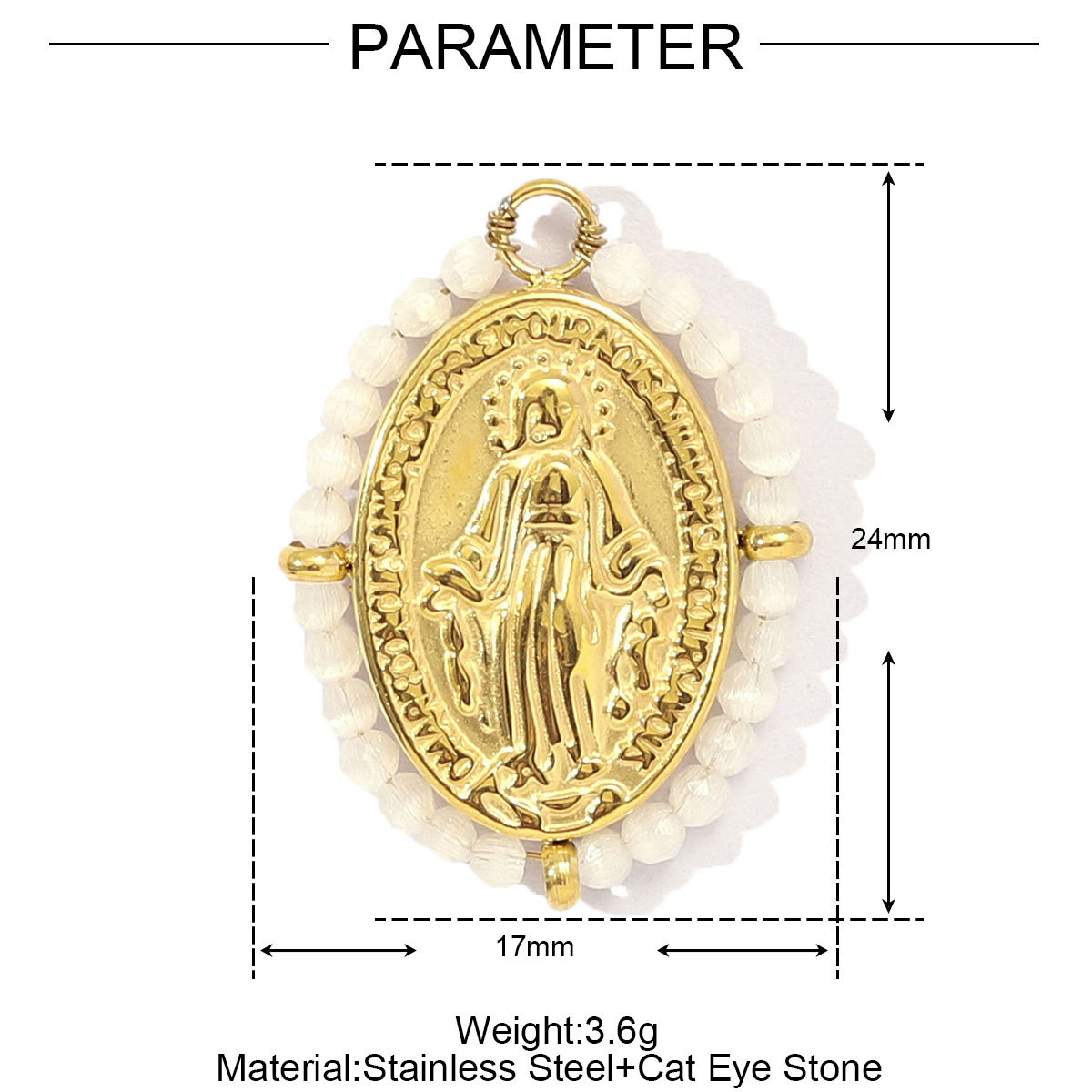 6pcs/pack French Red Agate Stainless Steel Fan-shaped Necklace Pendant Women Virgin Mary Diy Charm Feldspar Natural Stone Jewelry