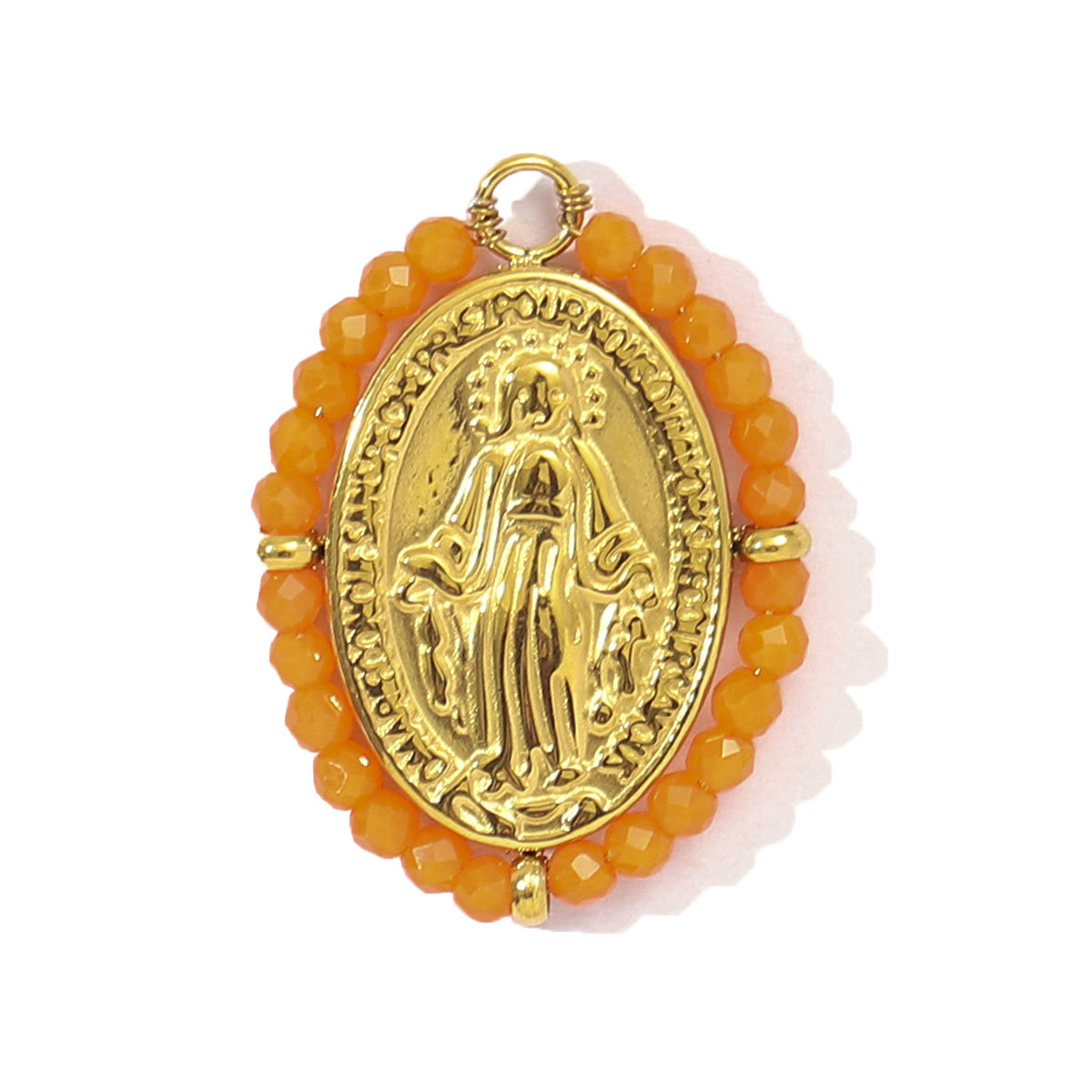6pcs/pack French Red Agate Stainless Steel Fan-shaped Necklace Pendant Women Virgin Mary Diy Charm Feldspar Natural Stone Jewelry